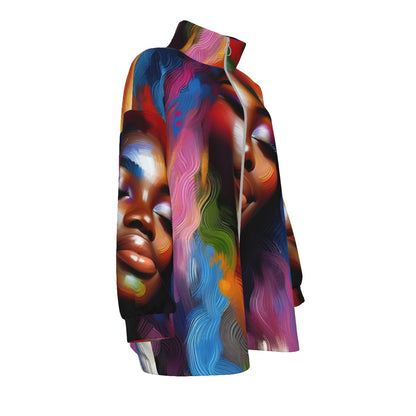 All-Over Print Unisex Borg Fleece Stand-up Collar Coat With Zipper Closure(Plus Size)