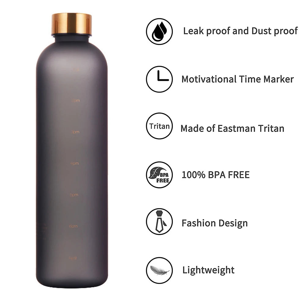 1L Water Bottle with Time Marker | Leakproof Drinkware | BPA Free | Frosted Bottle